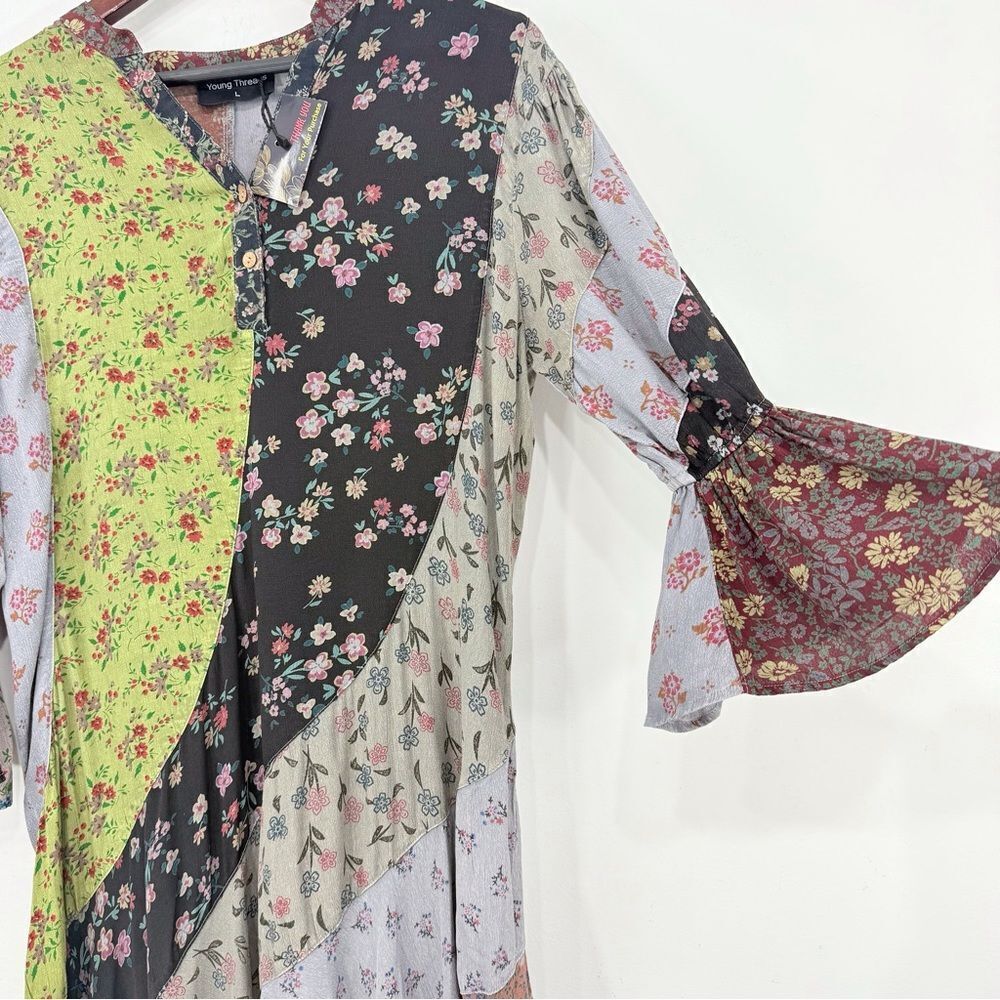 Young Threads Earth Tone Complimentary Asymetrical Floral Patchwork Ruffle Dress - Picture 3 of 16